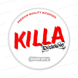 Nicotine pouch container with KILLA Exclusive Cold Dry branding on a white background.