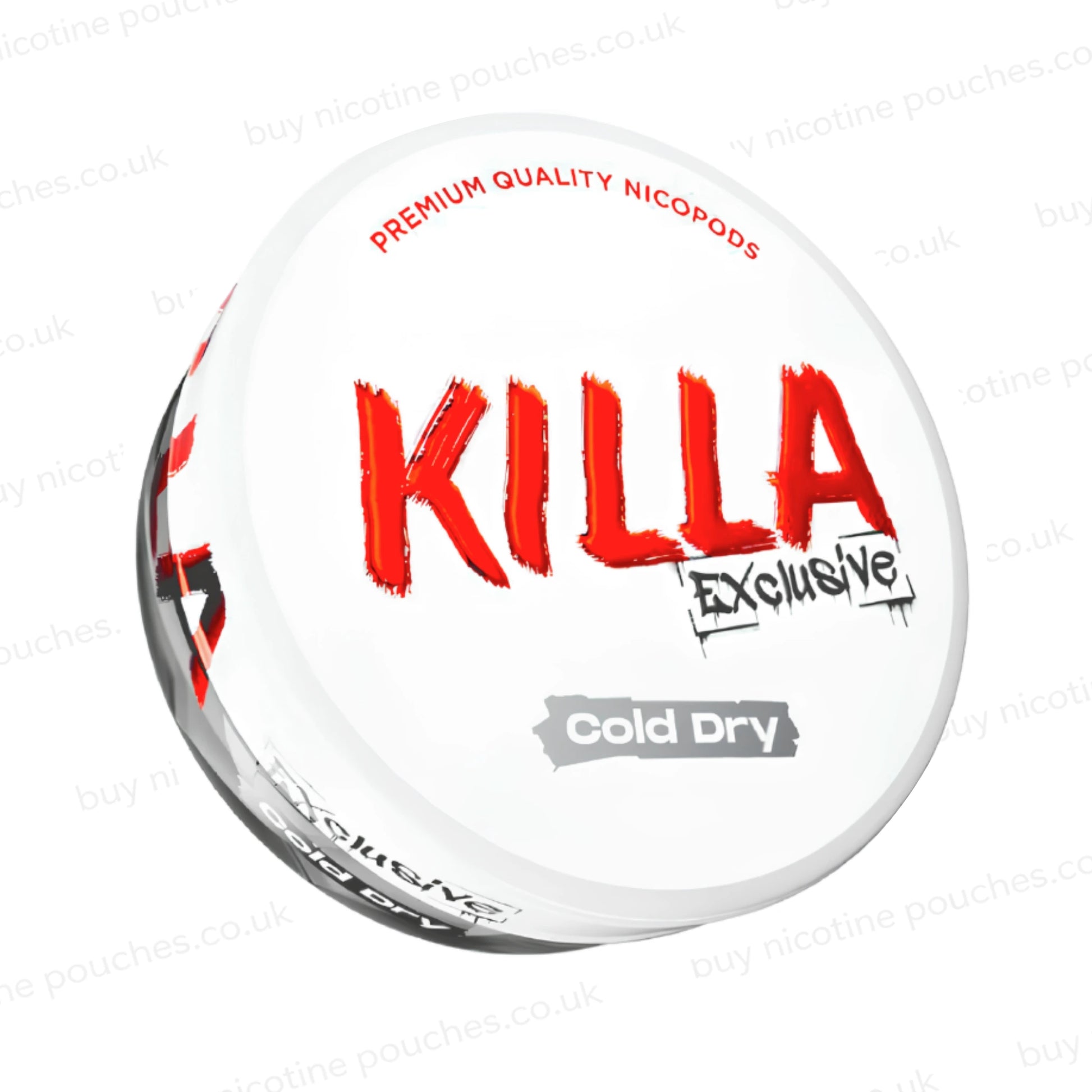 Angled shot of a nicotine pouch container with KILLA Exclusive Cold Dry branding on a white background.