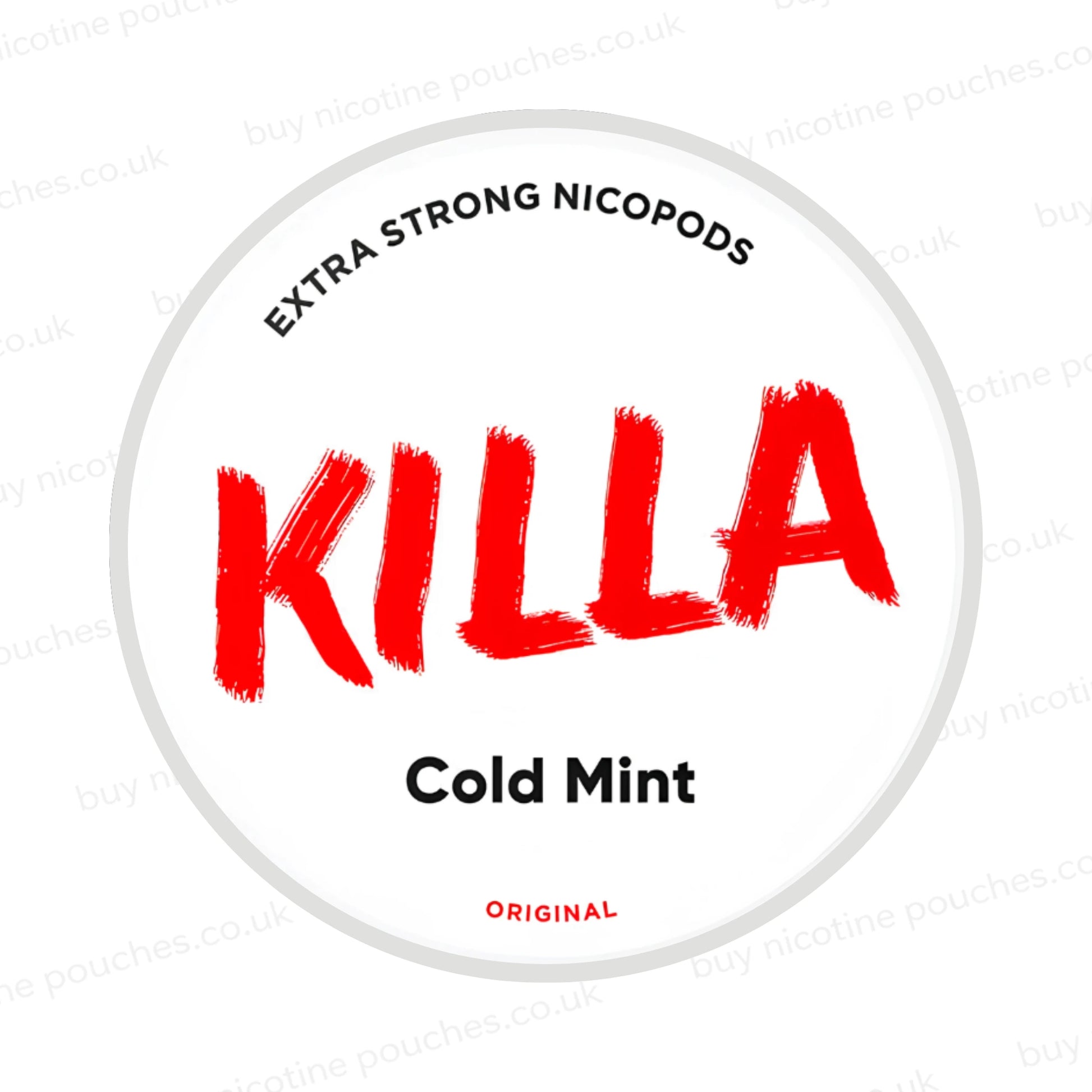 Nicotine pouch container with KILLA Cold Mint branding on a white background.
