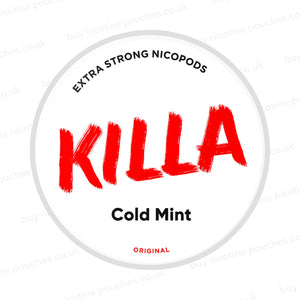 Nicotine pouch container with KILLA Cold Mint branding on a white background.