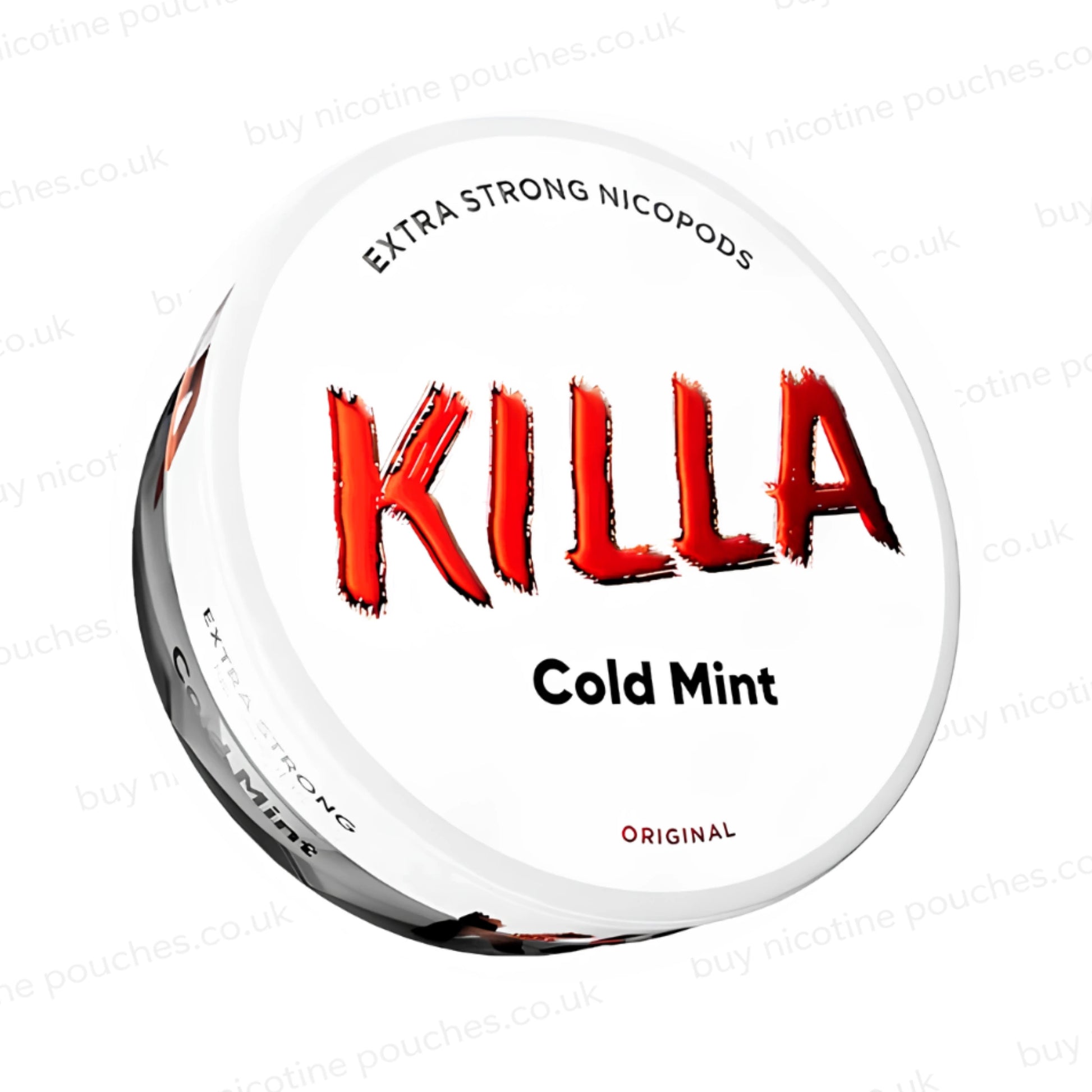 Angled shot of a nicotine pouch container with KILLA Cold Mint branding on a white background.