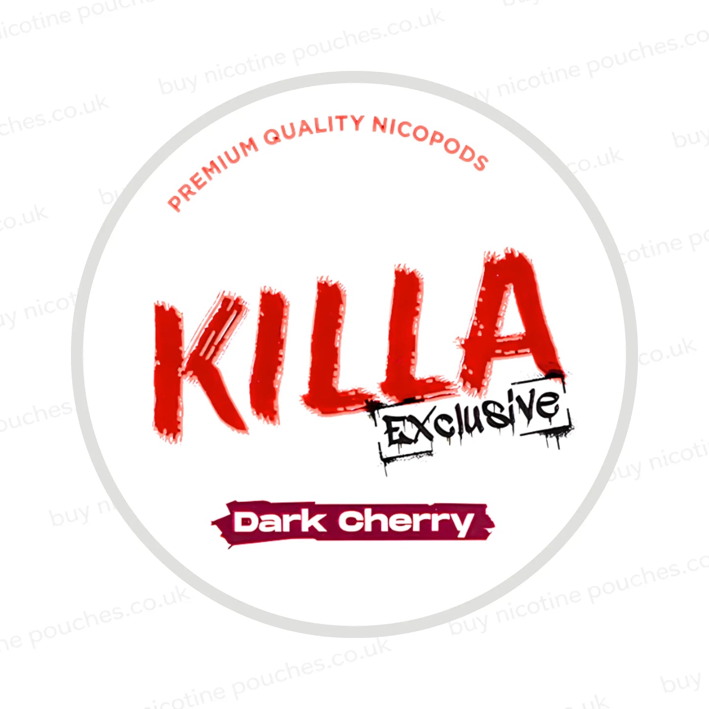 Nicotine pouch container with KILLA Exclusive Dark Cherry branding on a white background.