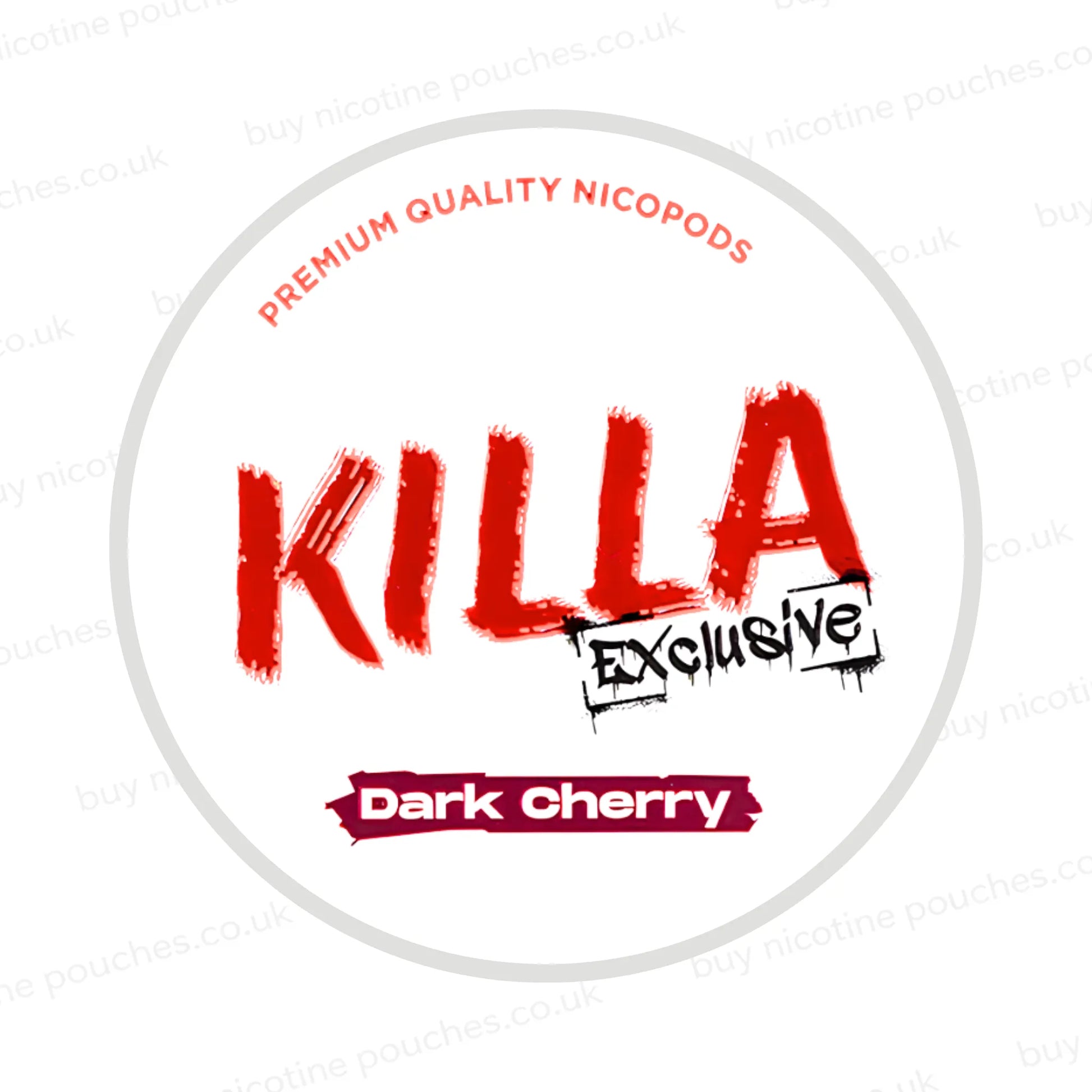 Nicotine pouch container with KILLA Exclusive Dark Cherry branding on a white background.