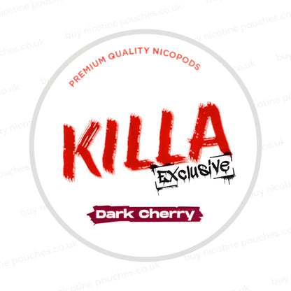 Nicotine pouch container with KILLA Exclusive Dark Cherry branding on a white background.