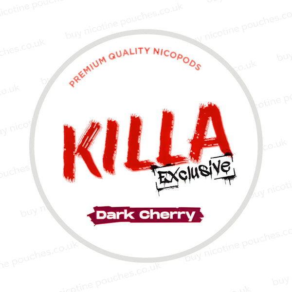 Nicotine pouch container with KILLA Exclusive Dark Cherry branding on a white background.