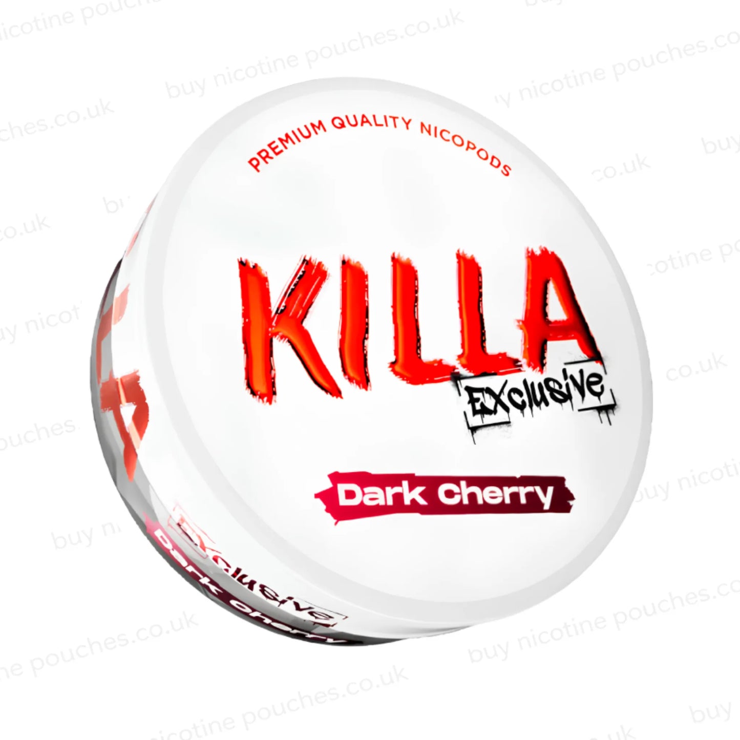 Angled shot of a nicotine pouch container with KILLA Exclusive Dark Cherry branding on a white background.
