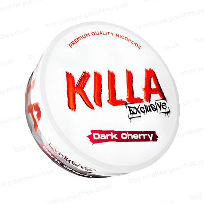 Angled shot of a nicotine pouch container with KILLA Exclusive Dark Cherry branding on a white background.