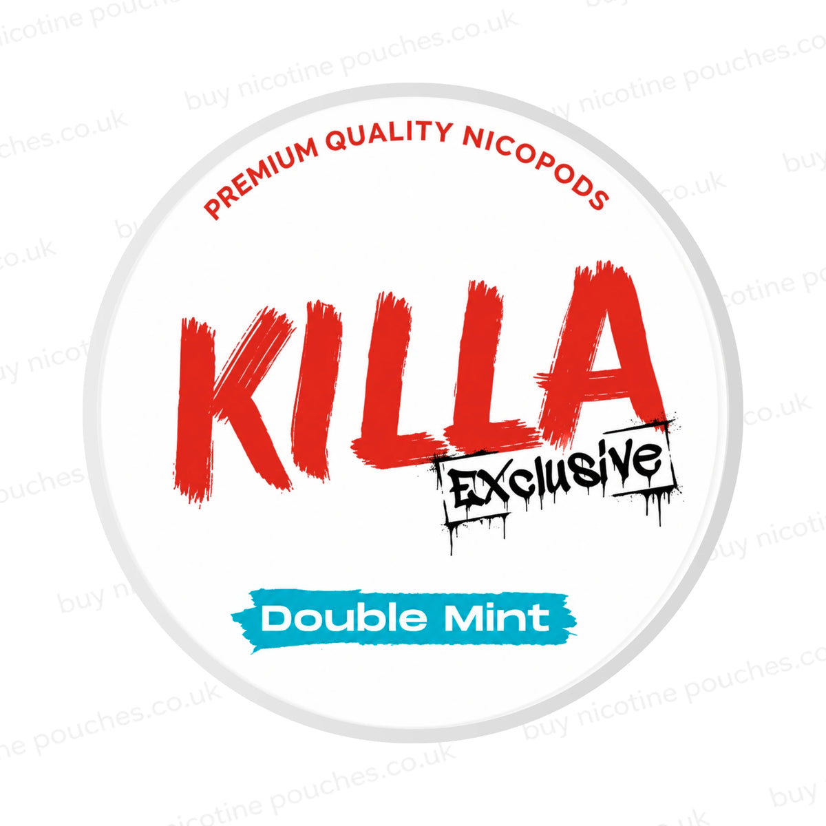 Nicotine pouch container with Killa Exclusive Double Mint branding on a white background.