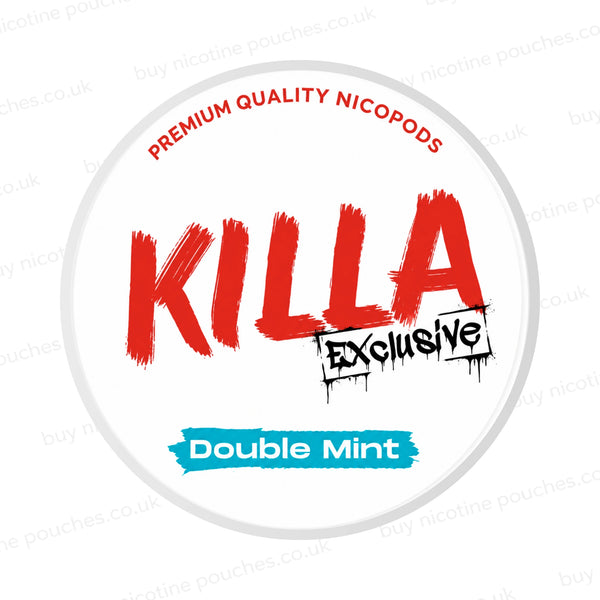 Nicotine pouch container with Killa Exclusive Double Mint branding on a white background.