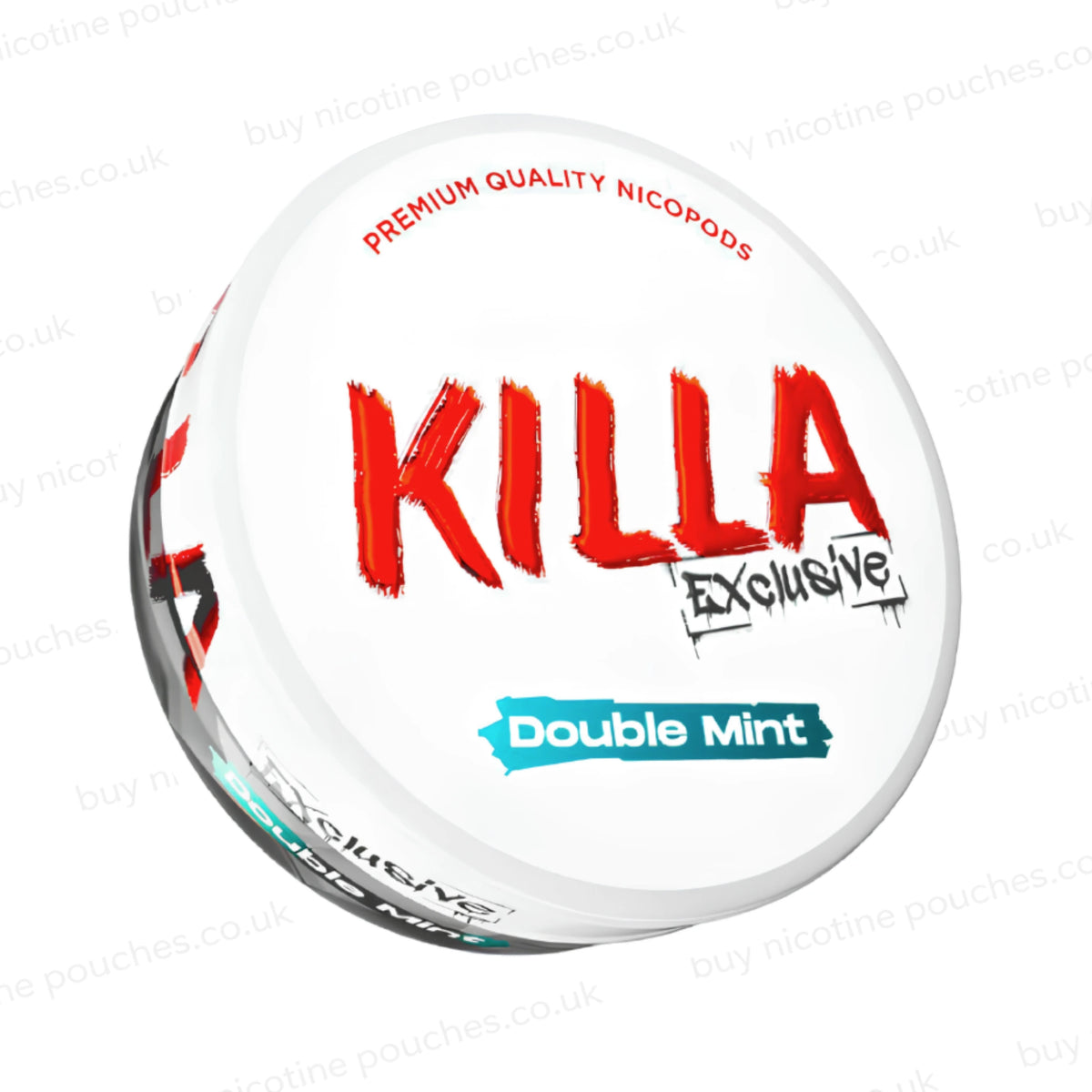 Angled shot of a nicotine pouch container with Killa Exclusive Double Mint branding on a white background.