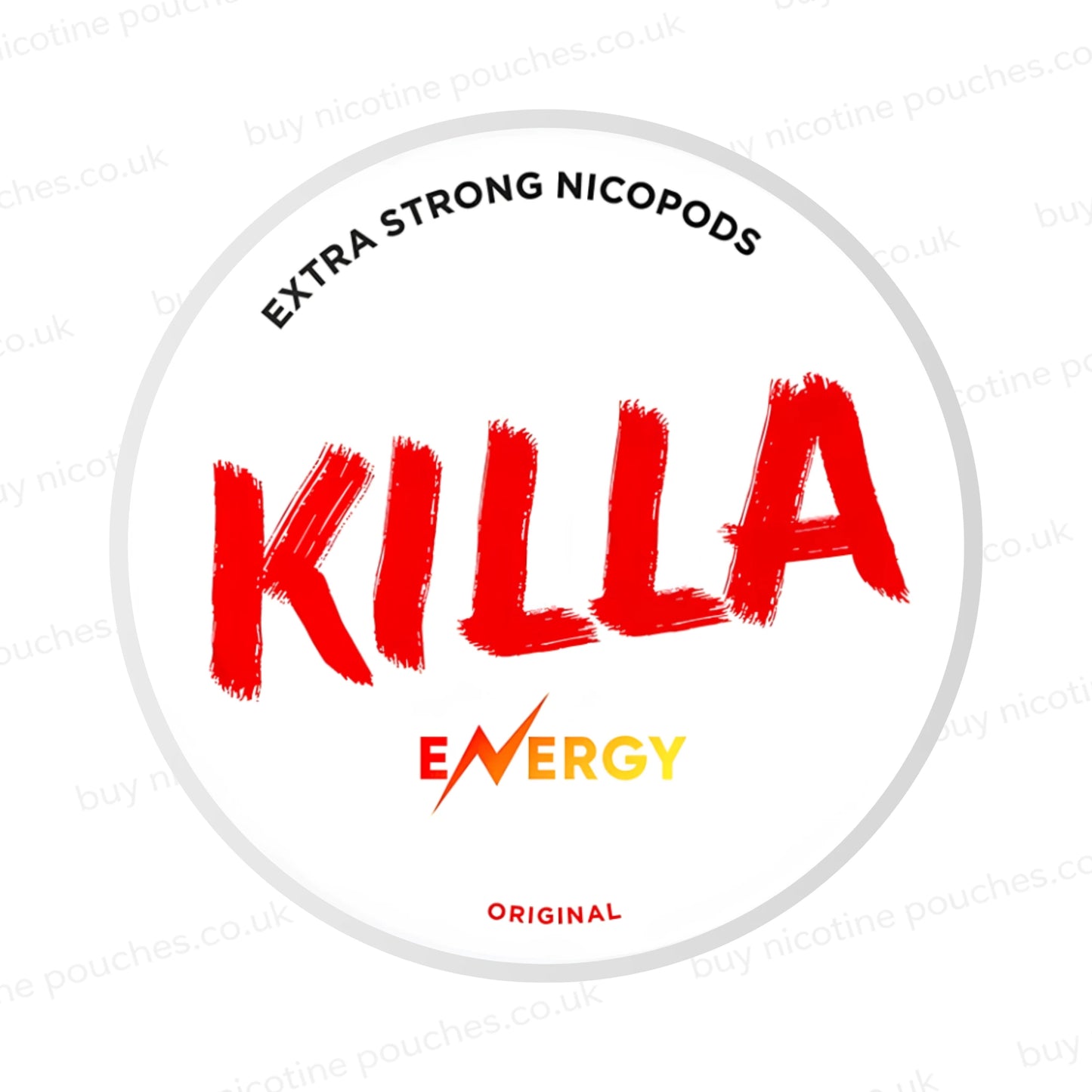Nicotine pouch container with Killa Energy branding on a white background.