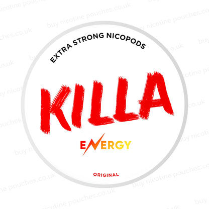 Nicotine pouch container with Killa Energy branding on a white background.