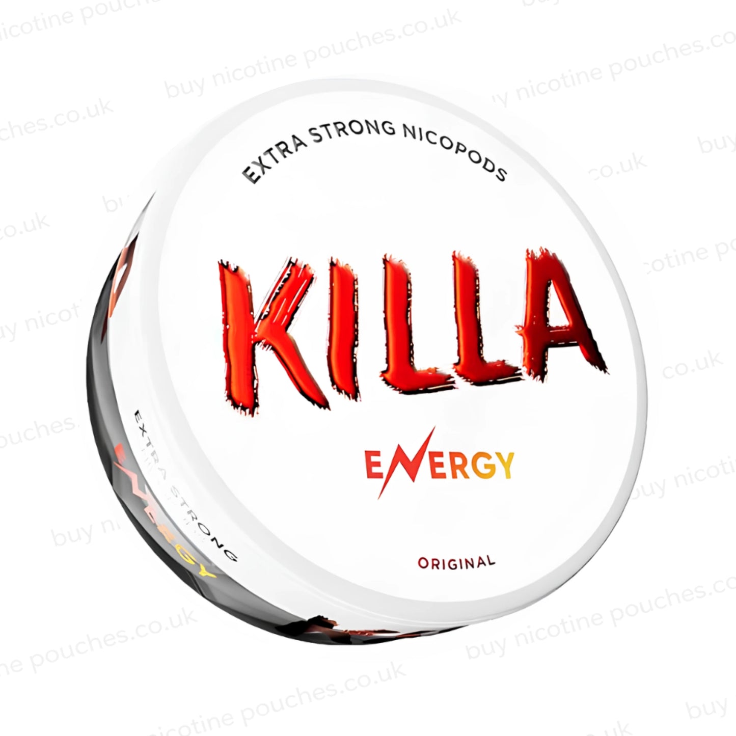 Angled shot of a nicotine pouch container with Killa Energy branding on a white background.