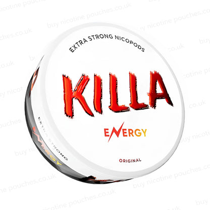 Angled shot of a nicotine pouch container with Killa Energy branding on a white background.