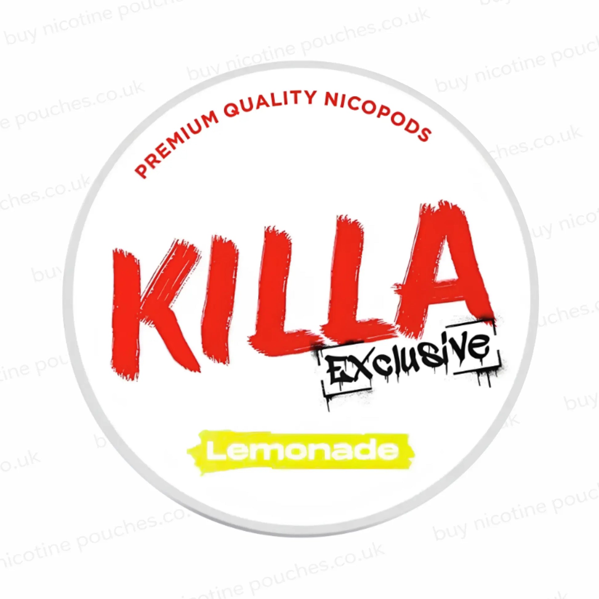 Nicotine pouch tub with 'KILLA Exclusive Lemonade' branding on a white background.