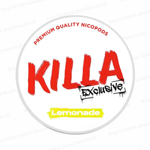 Nicotine pouch tub with 'KILLA Exclusive Lemonade' branding on a white background.