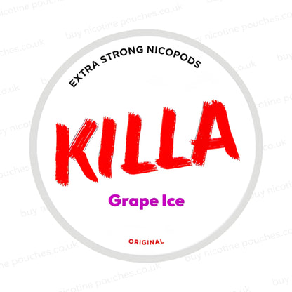 Nicotine pouch container with KILLA Grape Ice branding on a white background.