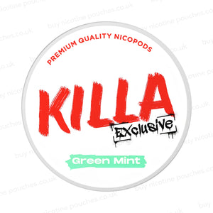 Nicotine pouch container with KILLA Exclusive Green Mint branding on a white background.
