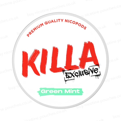 Nicotine pouch container with KILLA Exclusive Green Mint branding on a white background.