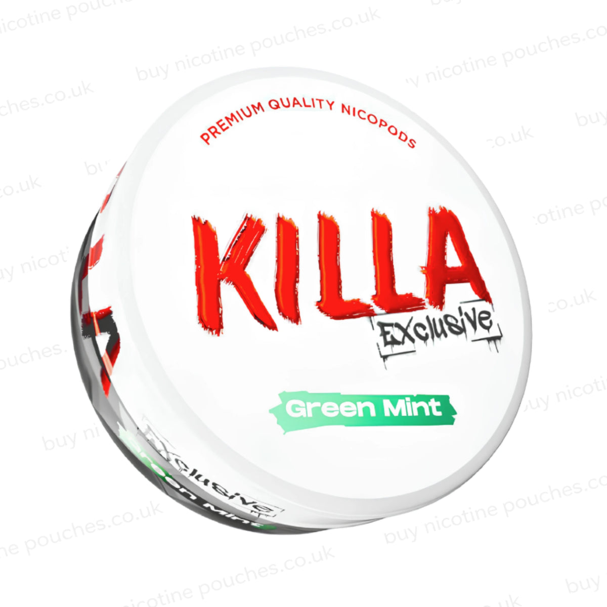 Angled shot of a nicotine pouch container with KILLA Exclusive Green Mint branding on a white background.