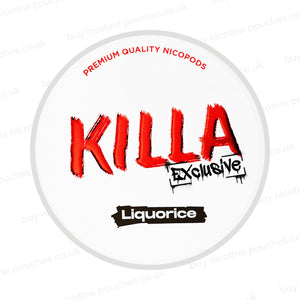 Nicotine pouch container with KILLA Exclusive Liquorice branding on a white background.