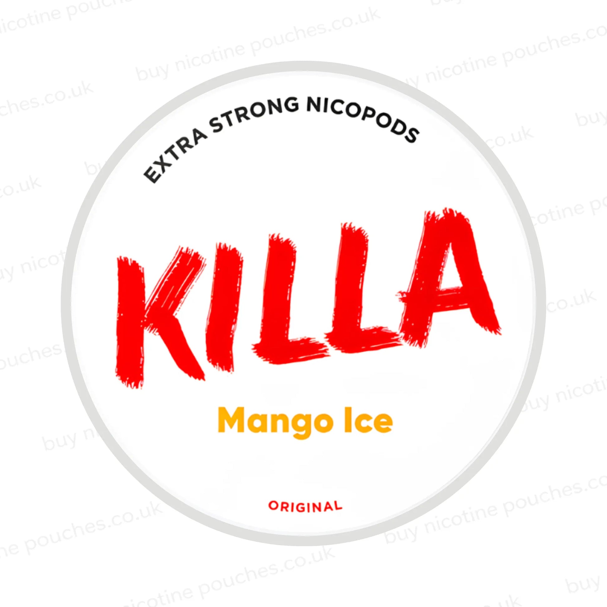 Nicotine pouch container with KILLA Mango Ice branding on a white background.