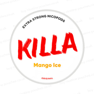 Nicotine pouch container with KILLA Mango Ice branding on a white background.