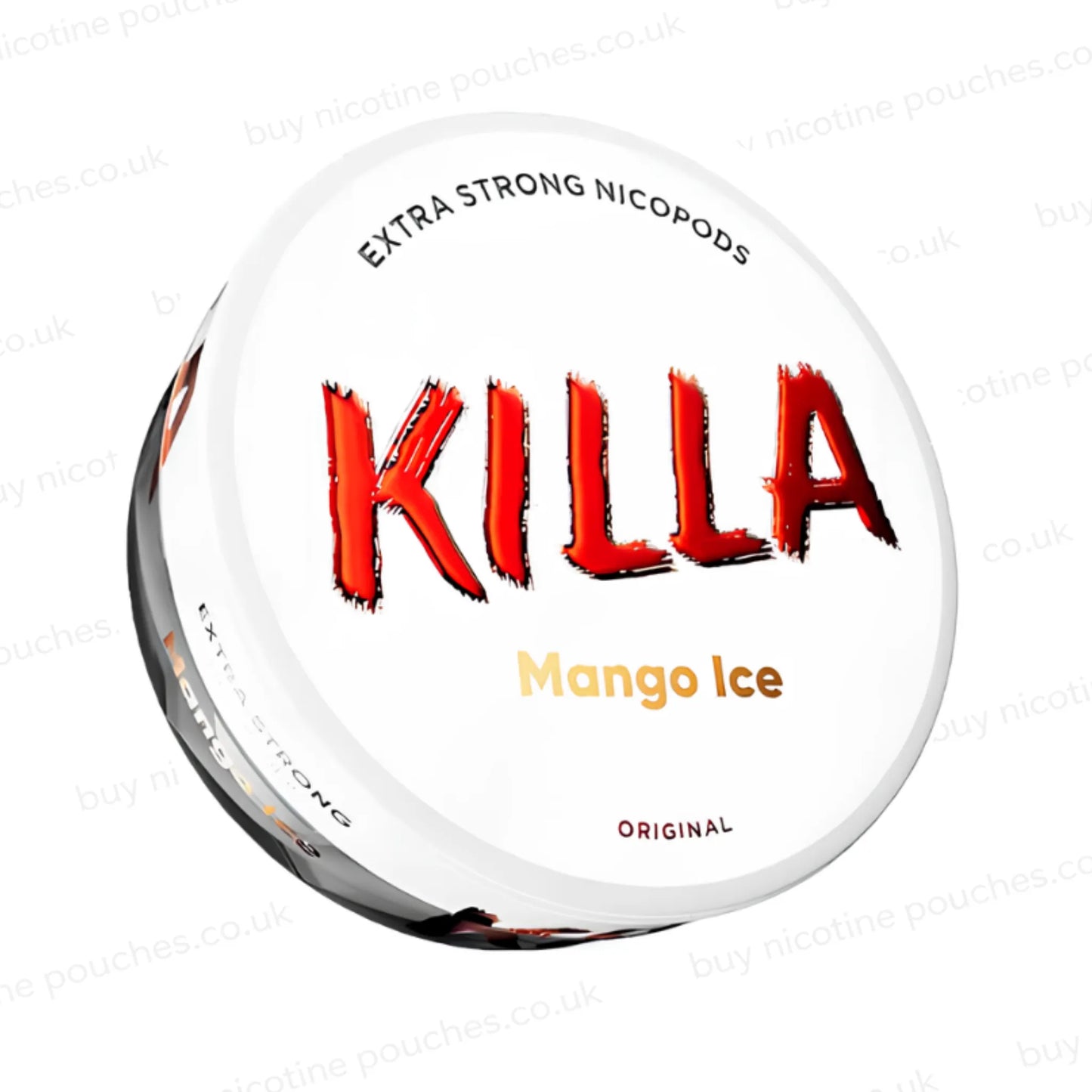 Angled shot of a nicotine pouch container with KILLA Mango Ice branding on a white background.
