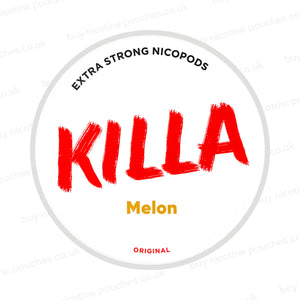 Nicotine pouch container with KILLA Melon branding on a white background.
