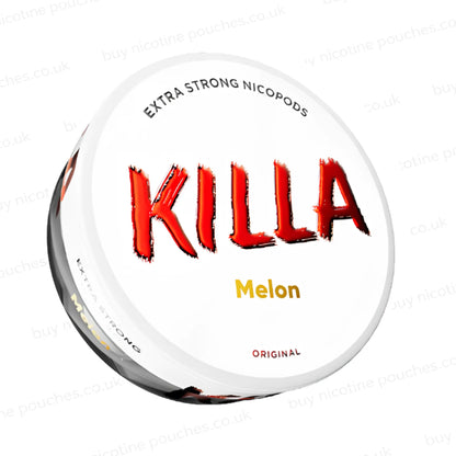 Angled shot of a nicotine pouch container with KILLA Melon branding on a white background.