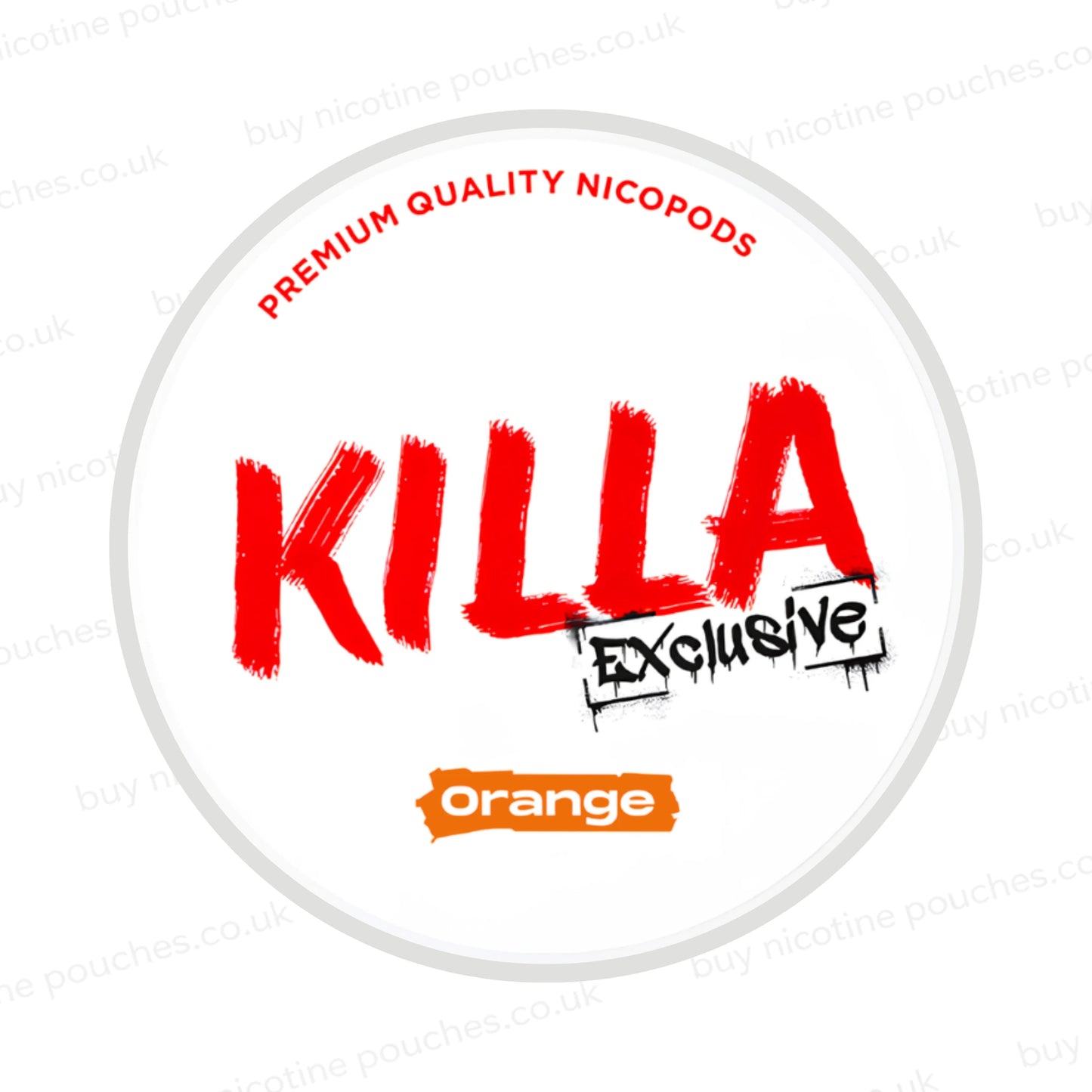 Nicotine pouch container with KILLA Exclusive Orange branding on a white background.