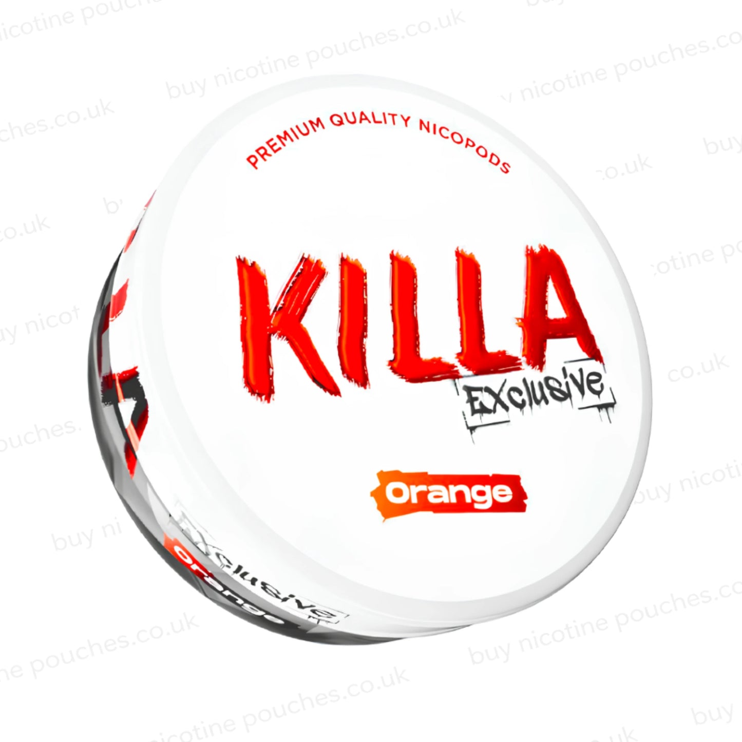 Angled shot of a nicotine pouch container with KILLA Exclusive Orange branding on a white background.
