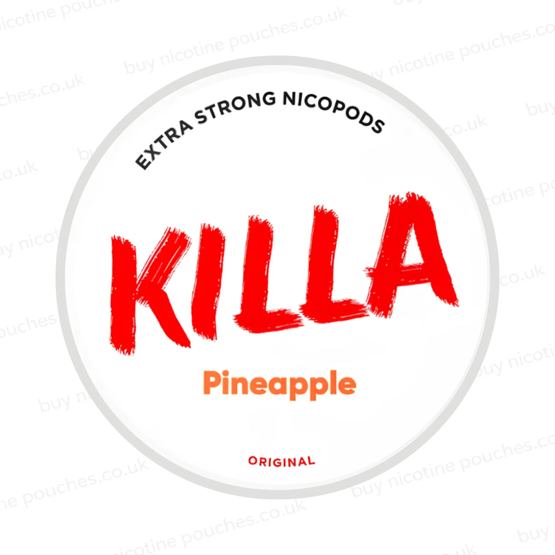 Nicotine pouch container with KILLA Pineapple branding on a white background.