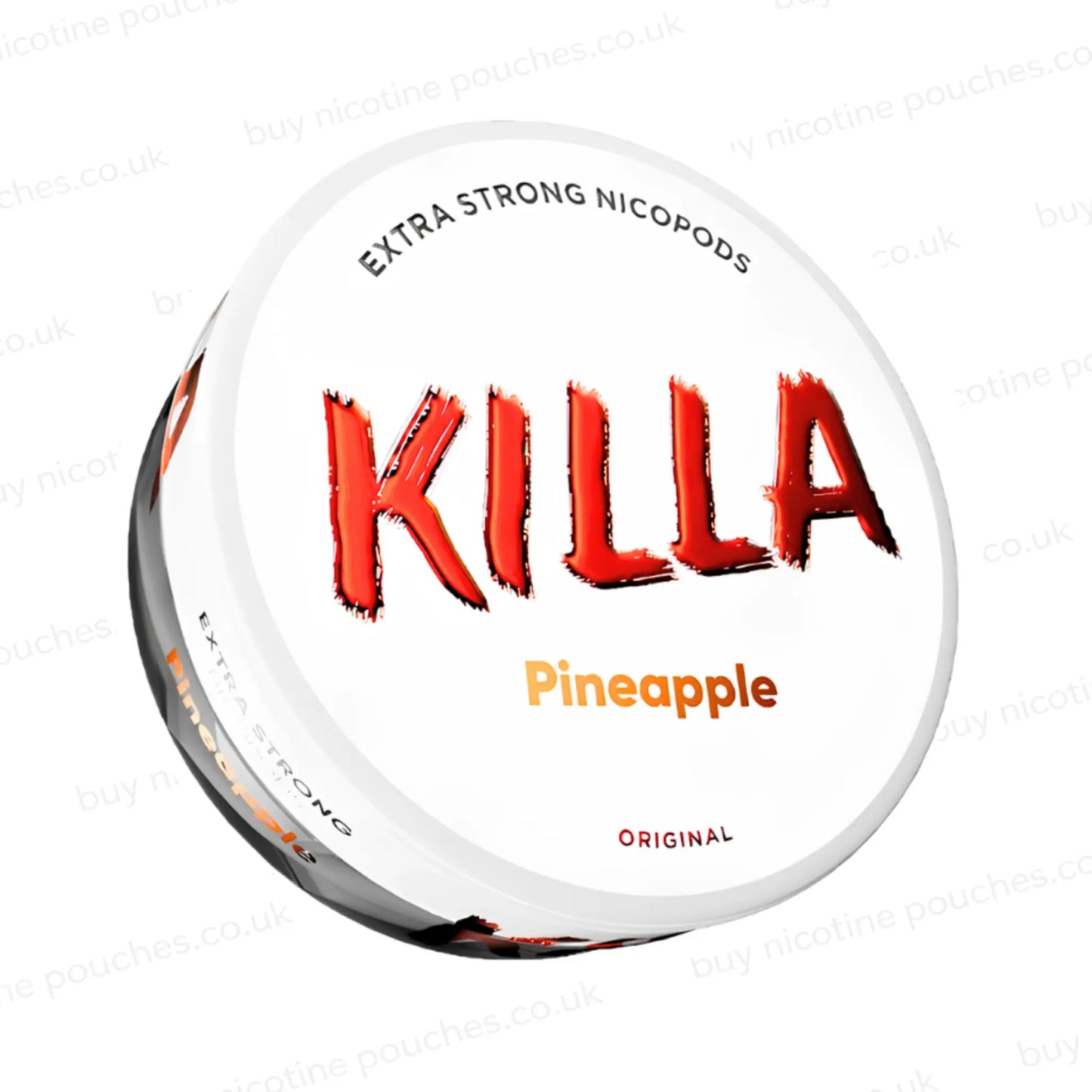 Angled shot of a nicotine pouch container with KILLA Pineapple branding on a white background.