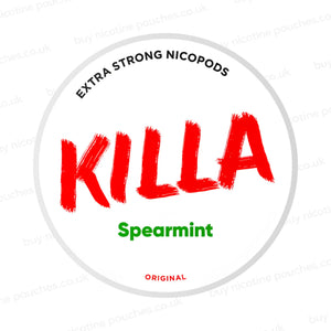 Nicotine pouch container with Killa Spearmint branding on a white background.