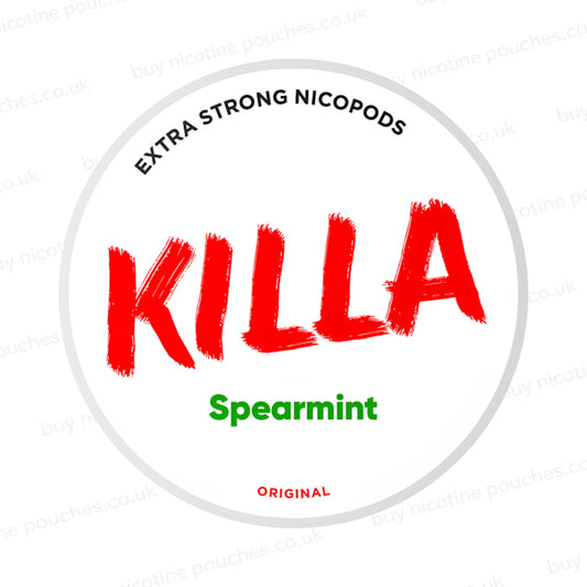 Nicotine pouch container with Killa Spearmint branding on a white background.