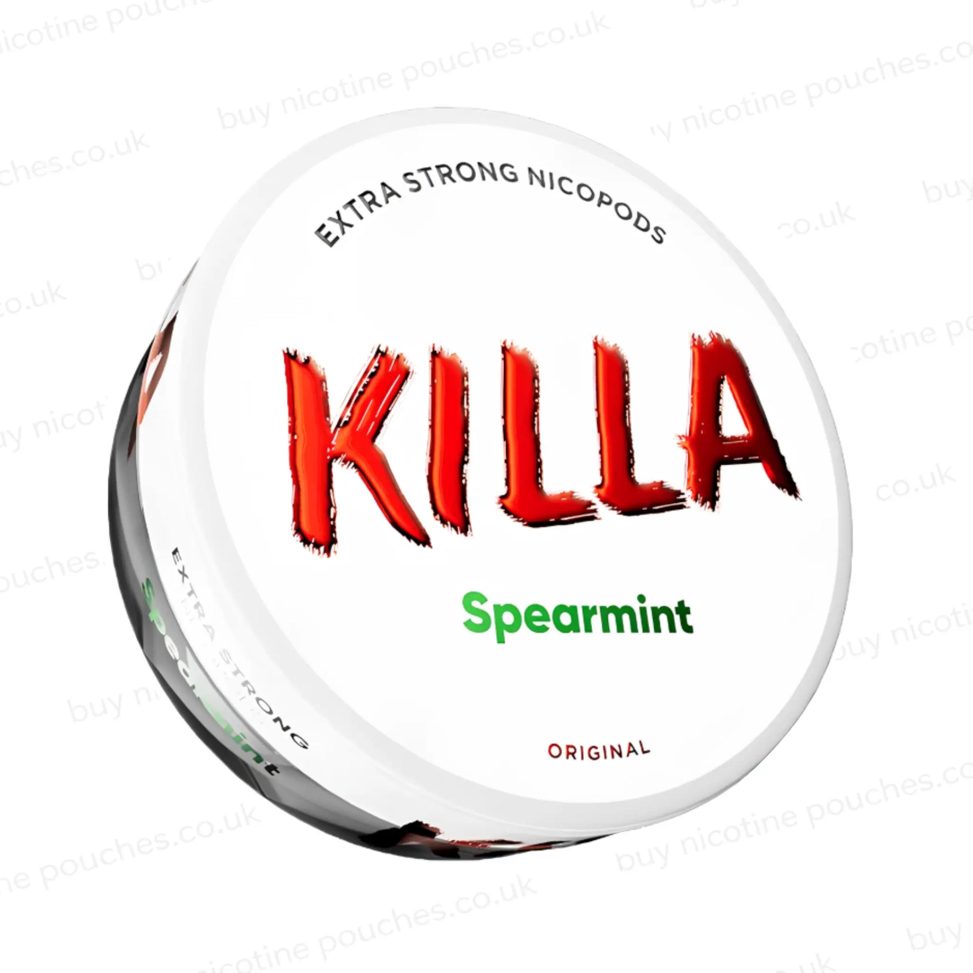 Angled shot of a nicotine pouch container with Killa Spearmint branding on a white background.