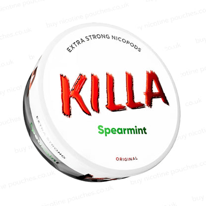 Angled shot of a nicotine pouch container with Killa Spearmint branding on a white background.