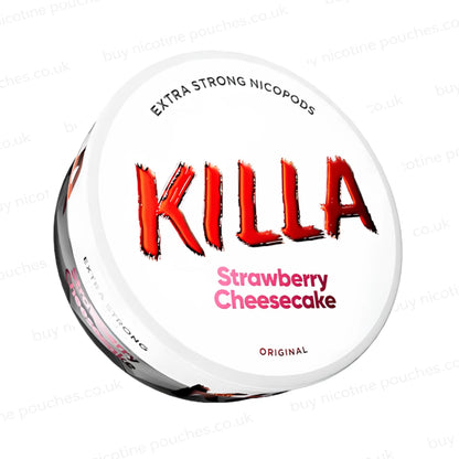 Angled shot of a nicotine pouch container with KILLA Strawberry Cheesecake branding on a white background.