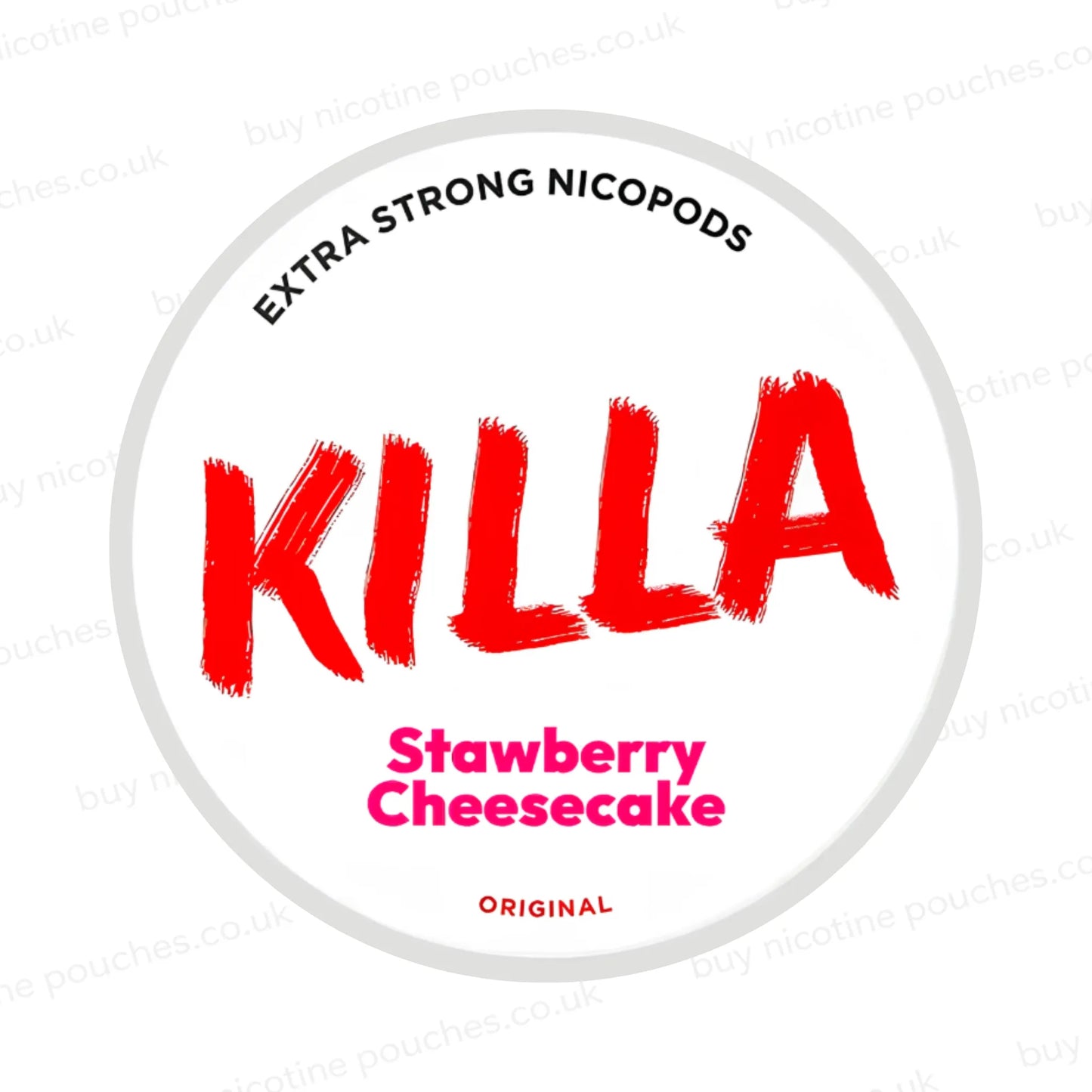 Nicotine pouch container with KILLA Strawberry Cheesecake branding on a white background.