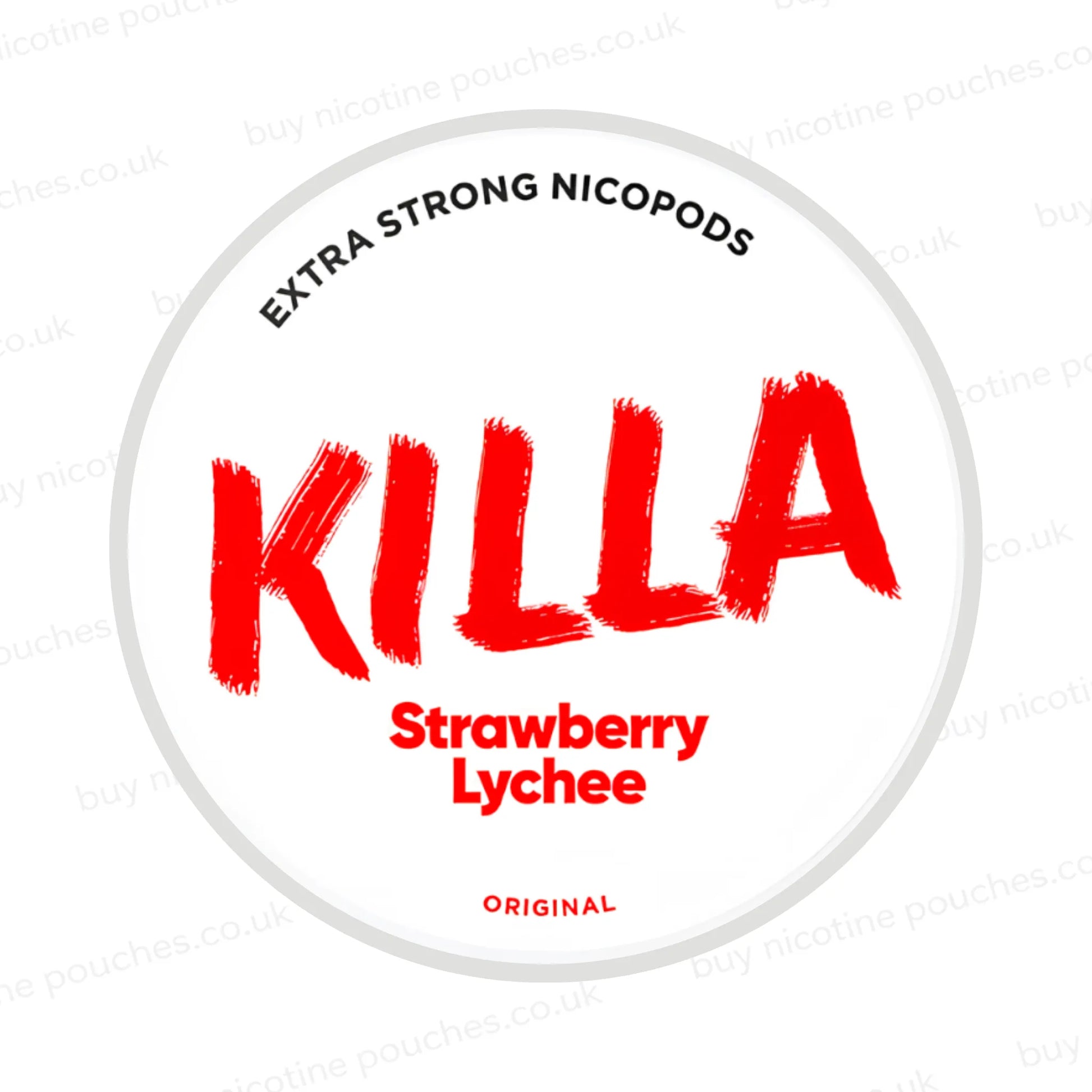 Nicotine pouch container with KILLA Strawberry Lychee branding on a white background.