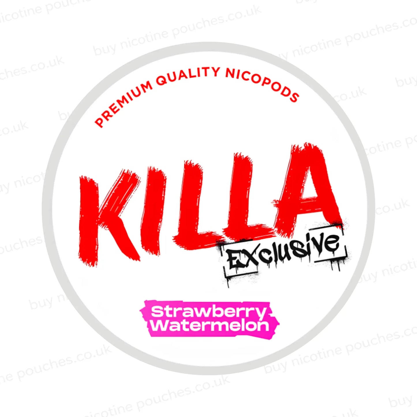 Nicotine pouch container with KILLA Strawberry Watermelon branding on a white background.