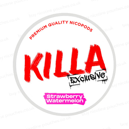 Nicotine pouch container with KILLA Strawberry Watermelon branding on a white background.