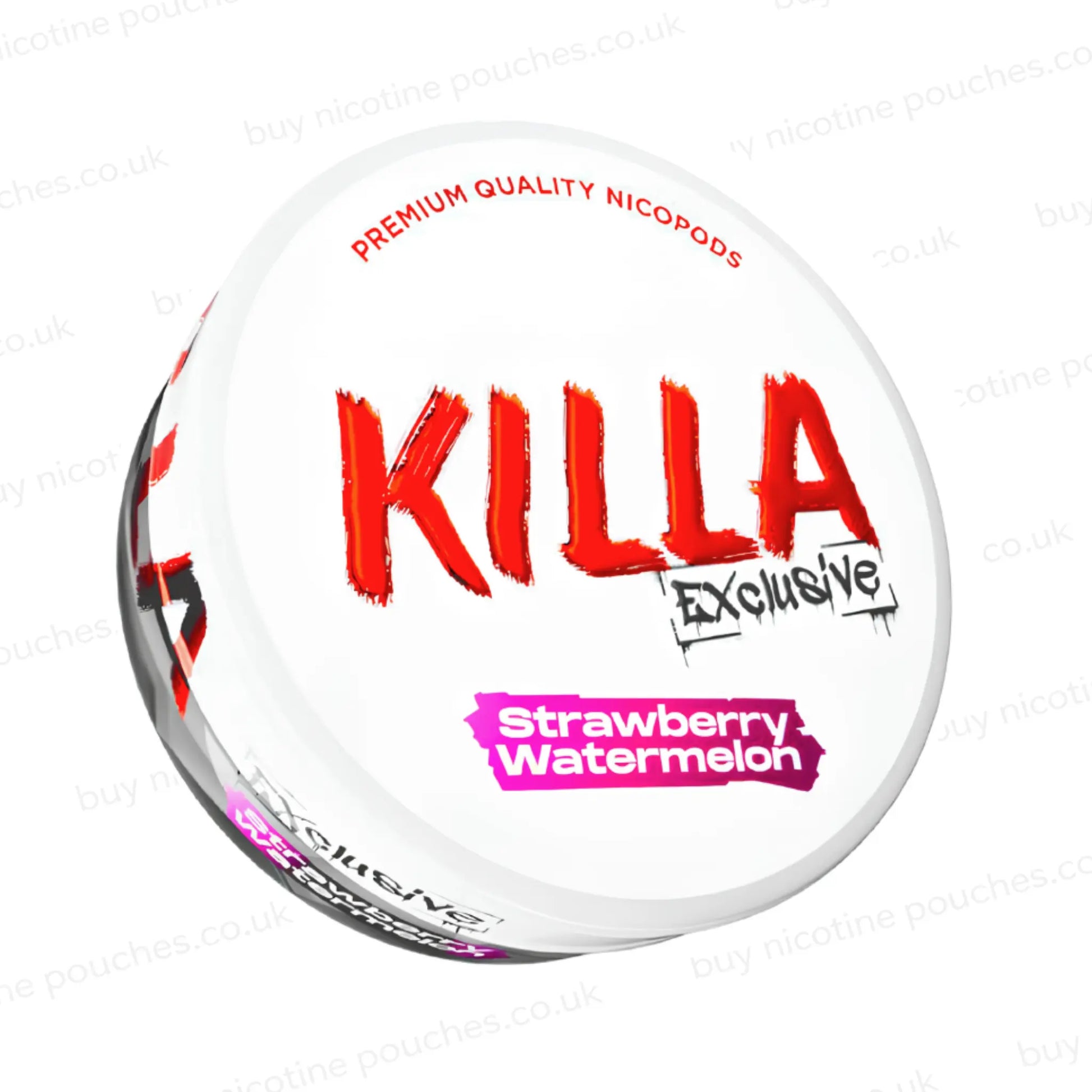 Angled shot of a nicotine pouch container with KILLA Strawberry Watermelon branding on a white background.