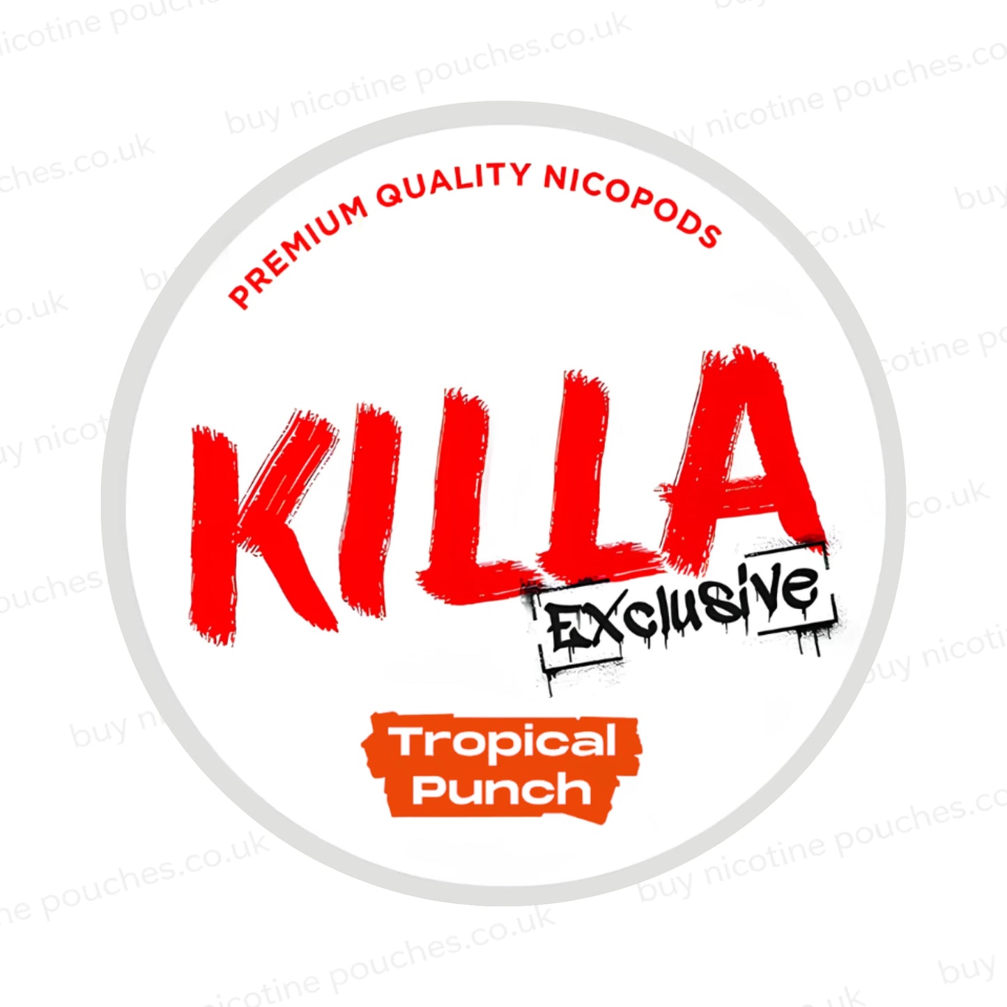 Nicotine pouch container with KILLA Exclusive Tropical Punch branding on a white background.