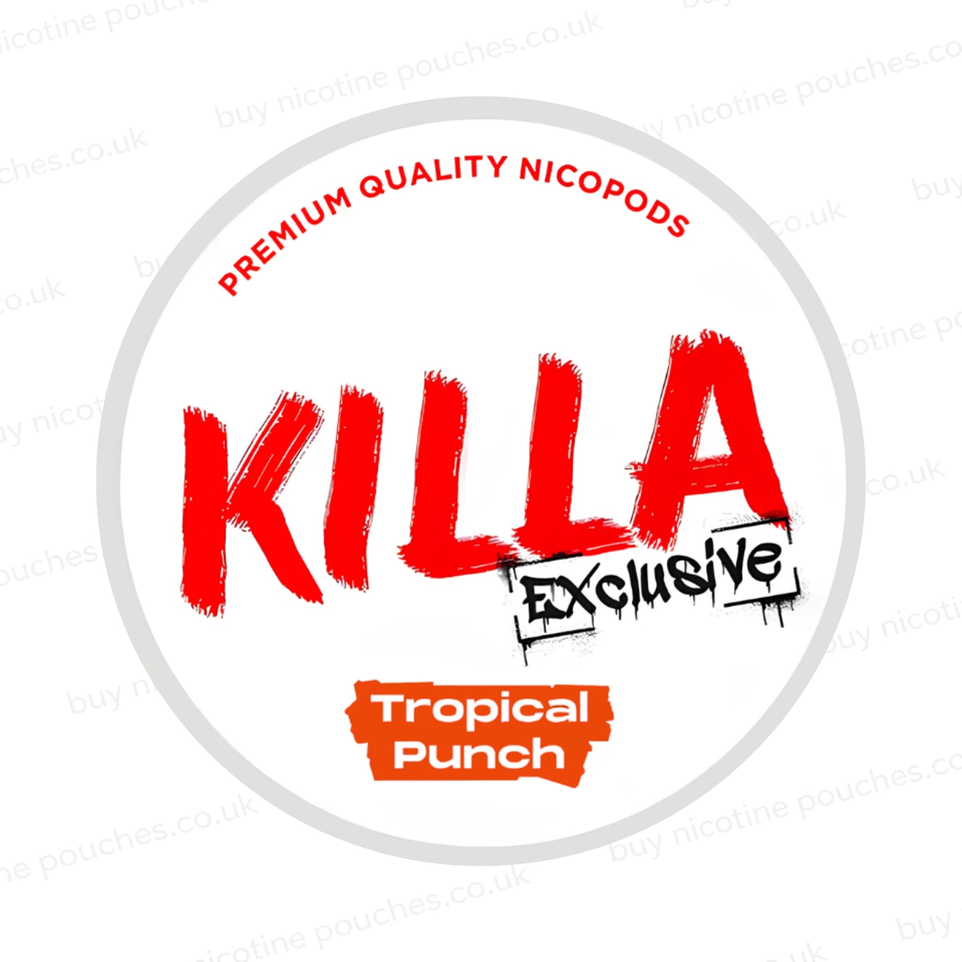 Nicotine pouch container with KILLA Exclusive Tropical Punch branding on a white background.