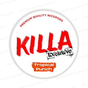 Nicotine pouch container with KILLA Exclusive Tropical Punch branding on a white background.