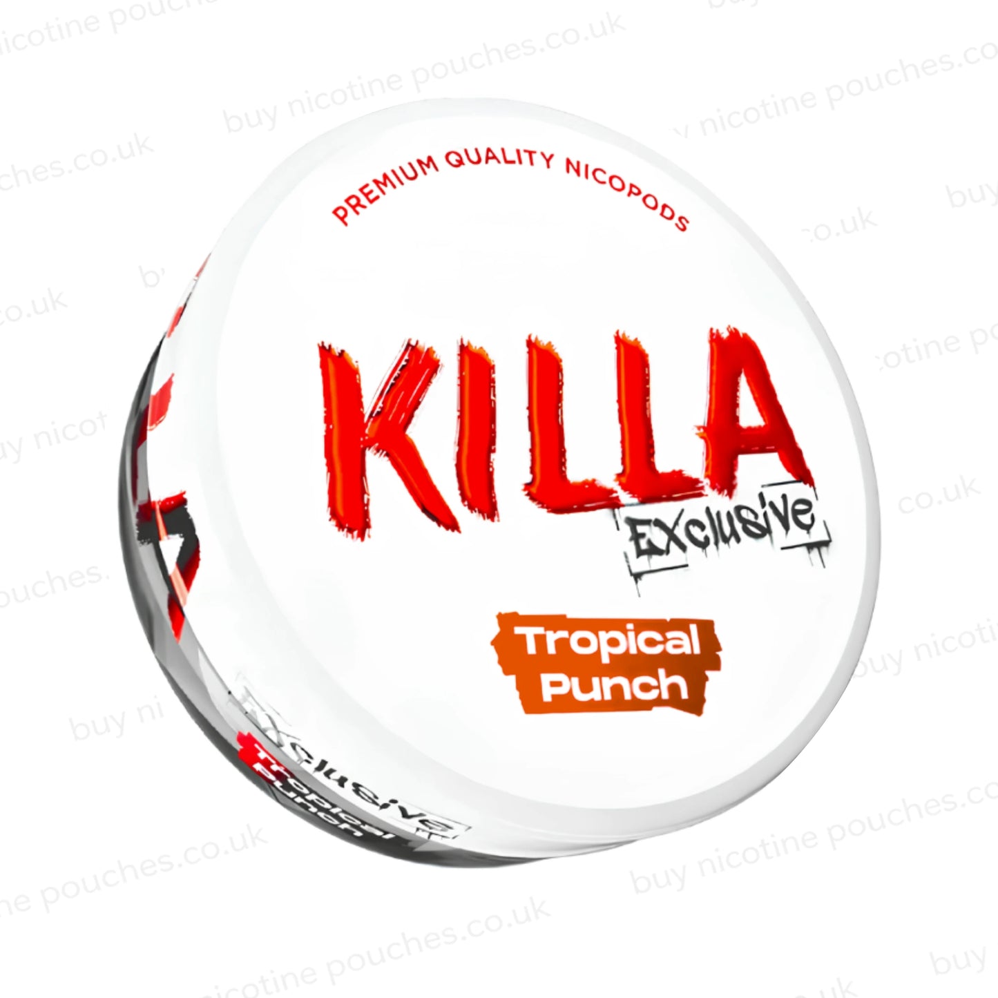Angled shot of a nicotine pouch container with KILLA Exclusive Tropical Punch branding on a white background.