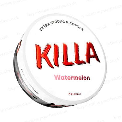 Angled shot of a nicotine pouch container with Killa Watermelon branding on a white background.