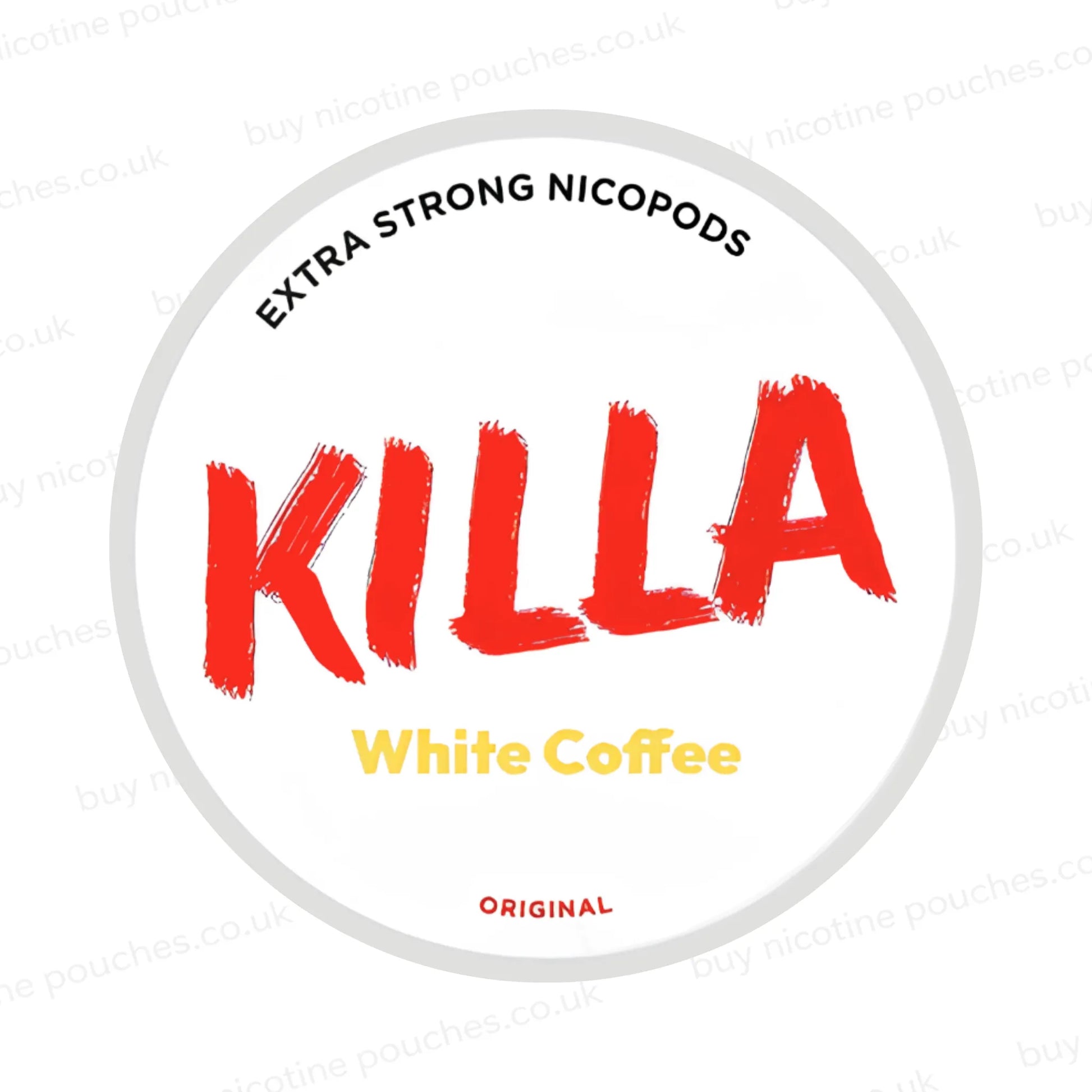 Nicotine pouch container with KILLA White Coffee branding on a white background.